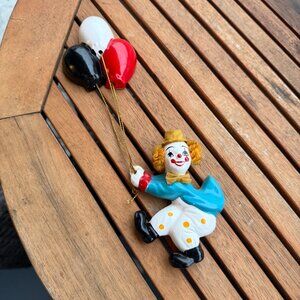 Vintage Hand-Painted Ceramic Clown Ornament With Red/Black/White Balloons Hangin